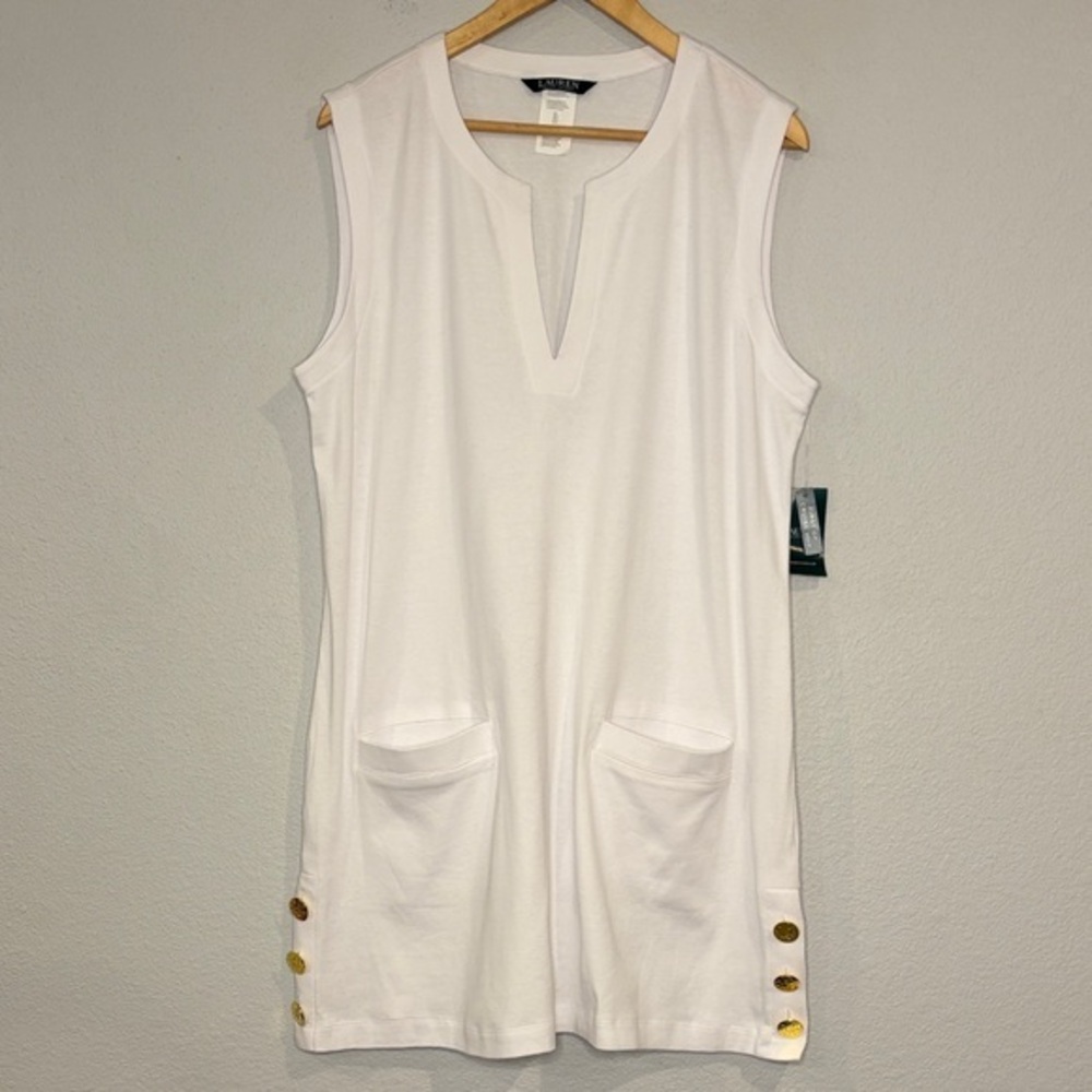 NWT Ralph Lauren LRL cotton stretch jersey knit notch neck dress coverup white L